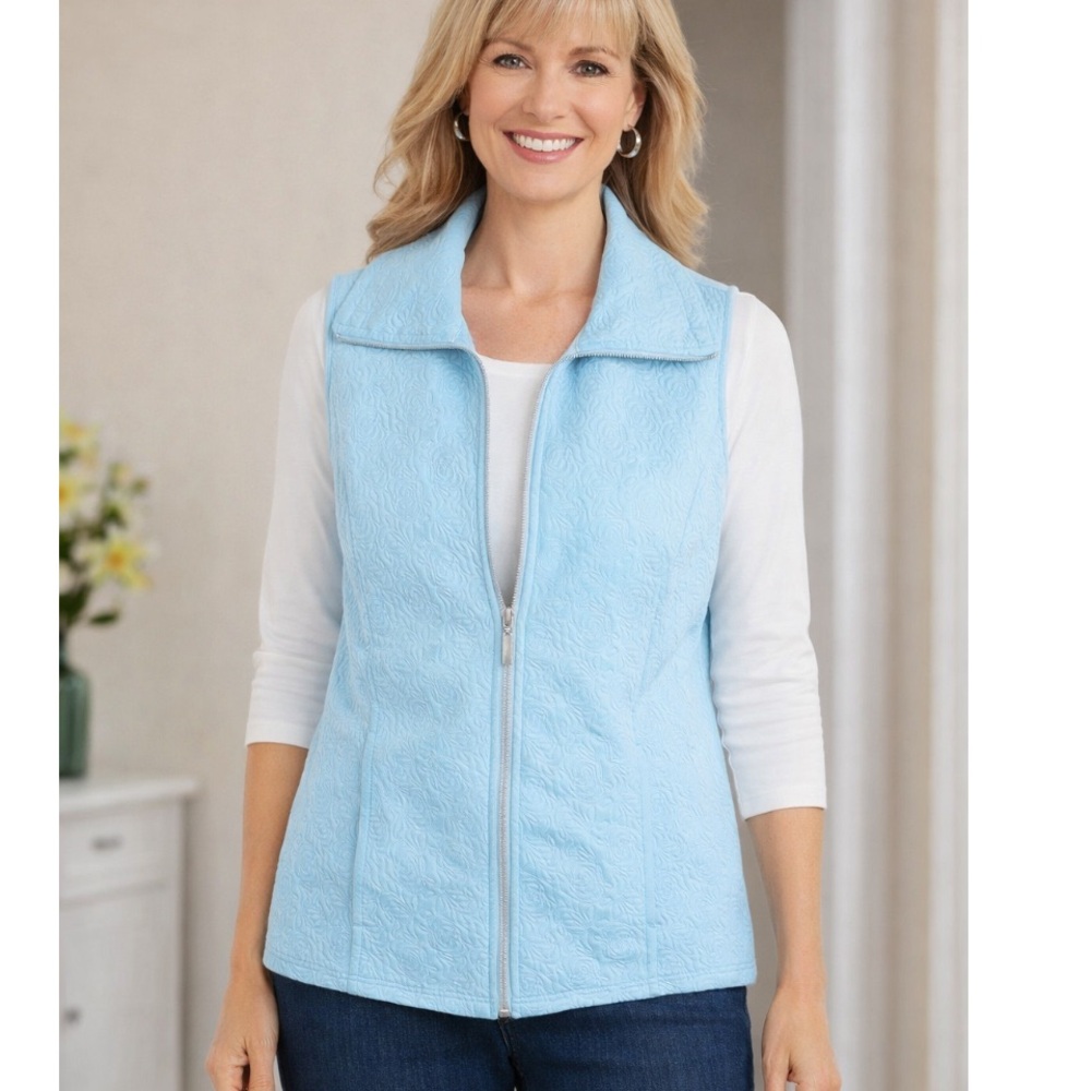 CHRISTOPHER & BANKS Sky Blue Floral Textured Full Zip Vest Size M